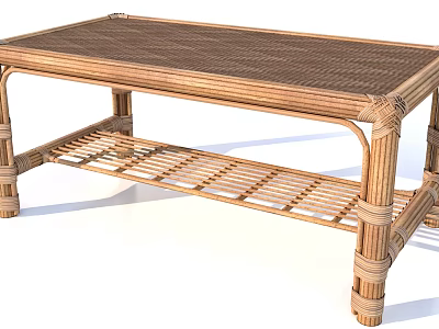 Natural Rattan Dining Table With Woven Tabletop And Lower Storage Shelf 3d model