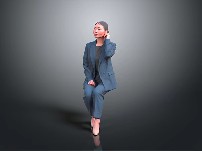 Cute Child in Navy Blue Suit and Grey Top Sitting on Dark Background Touching Ear 3d model