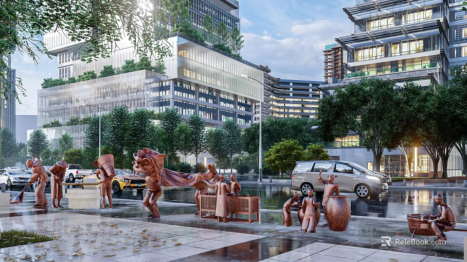 Urban Sculptures In Modern City Square With Trees Buildings And Vehicles 3d model 