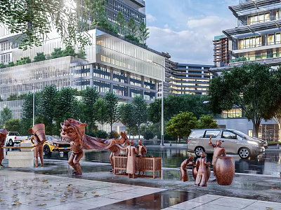 Urban Sculptures In Modern City Square With Trees Buildings And Vehicles 3d model
