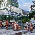 Urban Sculptures In Modern City Square With Trees Buildings And Vehicles