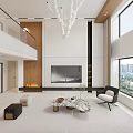 Modern Duplex Living Room Interior With TV Wall Coffee Table And Floor to Ceiling Windows