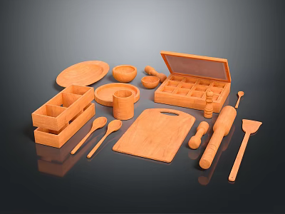 Wooden Kitchen Tableware Set With Tray Bowl Cup Cutting Board Spoon And Spatula 3d model