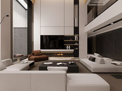 Modern Duplex Living Room Interior Design With Open Layout And Fireplace TV Wall 3d model