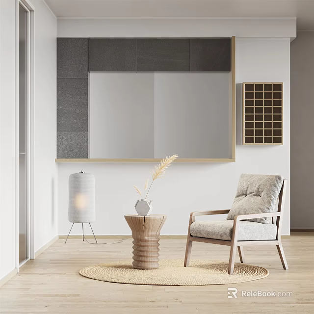 Light Gray Fabric Armchair With Wooden Frame And Side Table In Modern Living Space 3d model 