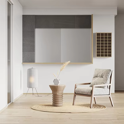 Light Gray Fabric Armchair With Wooden Frame And Side Table In Modern Living Space 3d model