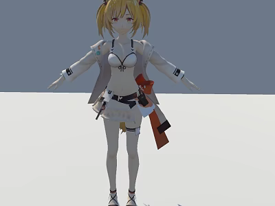 Game Anime Character With Blonde Twin Tails Red Eyes White Top And Gray Open Coat 3d model