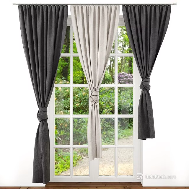Black And Beige Tied Curtains On Window With Natural Green View 3d model 