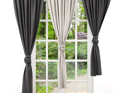 Black And Beige Tied Curtains On Window With Natural Green View 3d model