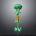 3D Cartoon Character With Green Head Red Eyes Long Nose Orange Shirt And Blue Shoes