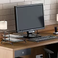 Modern Office Desk With Three Workstations Computer Monitors Black Chairs Brick Wall And Wooden Shelves