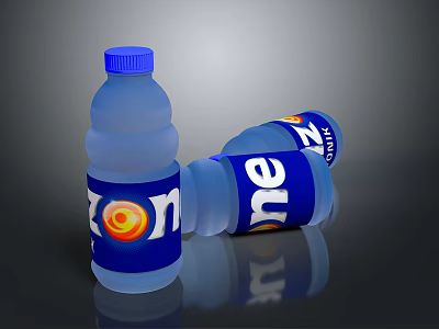 Three Blue Zone Mineral Water Bottles Standing And Lying On Surface 3d model