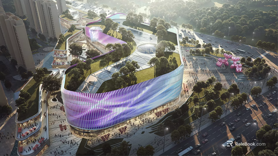 Modern Commercial Complex With Colorful Facade And Green Roof In Urban Area 3d model 