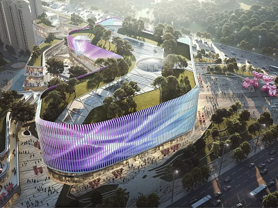 Modern Commercial Complex With Colorful Facade And Green Roof In Urban Area 3d model