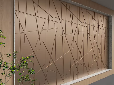 Modern Feature Wall Design With Gold Crossed Lines Wooden Frame And Green Plants 3d model