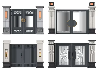 Traditional Chinese Entrance Gates With Intricate Carvings Circular Motifs And Pillar Lanterns 3d model