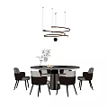 Modern Round Dining Table Set With Four Chairs Hanging Pendant Light And Decorations 3d model