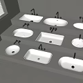 Multiple White Bathroom Washbasins With Black Faucets On Grey Countertops Various Shapes