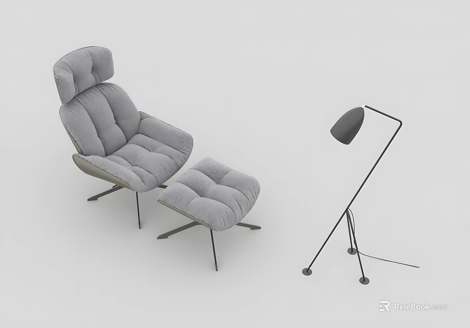 Gray Padded Lounge Chair With Matching Ottoman And Modern Floor Lamp 3d model 