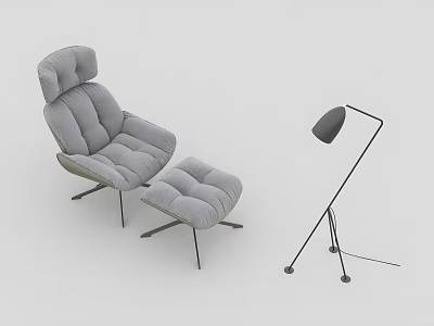 Gray Padded Lounge Chair With Matching Ottoman And Modern Floor Lamp 3d model