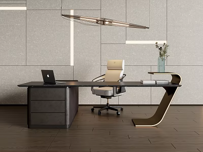 Modern Office Desk with Ergonomic Chair Laptop Books and Flower Vase in Minimalist Workspace 3d model