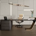 Modern Office Desk with Ergonomic Chair Laptop Books and Flower Vase in Minimalist Workspace