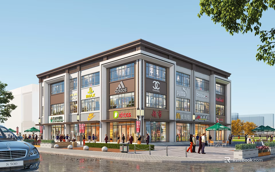 Modern Commercial Complex with Brand Retail Stores and Pedestrian Shopping Street Area 3d model 