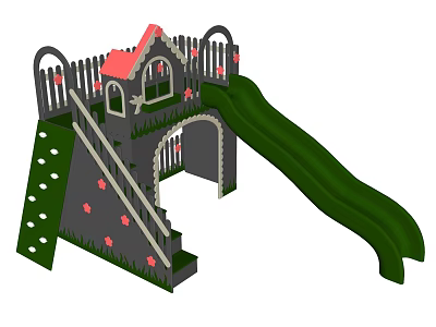 Playground Equipment Featuring Green Slide Stairs Railings And Red Roof Design 3d model
