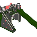 Playground Equipment Featuring Green Slide Stairs Railings And Red Roof Design