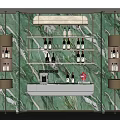 Elegant Wine Cabinet With Green Marble Walls Golden Accents And Multi Tiered Shelves