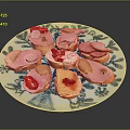 Delicious Appetizer Toast Topped With Ham Cheese Tomato And Olives On Blue White Plate