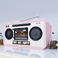 Pink Radio Displaying Lively Commercial Street With Decorative Plants And Ornaments