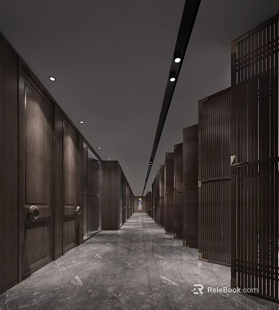 Modern Hotel Corridor Interior With Dark Wooden Doors And Ceiling Lights On Stone Floor 3d model 
