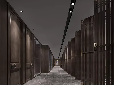 Modern Hotel Corridor Interior With Dark Wooden Doors And Ceiling Lights On Stone Floor 3d model
