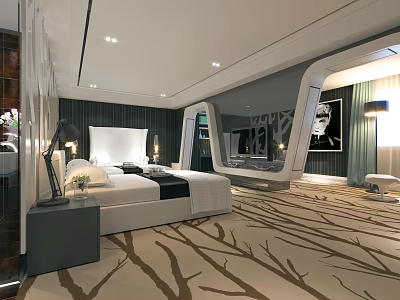 Modern Hotel Room Interior With King Bed Branch Pattern Carpet And Decorative Painting 3d model
