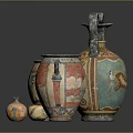 Ancient Painted Pottery Display With Decorative Vases Small Jars And Figurine Patterns 3d model