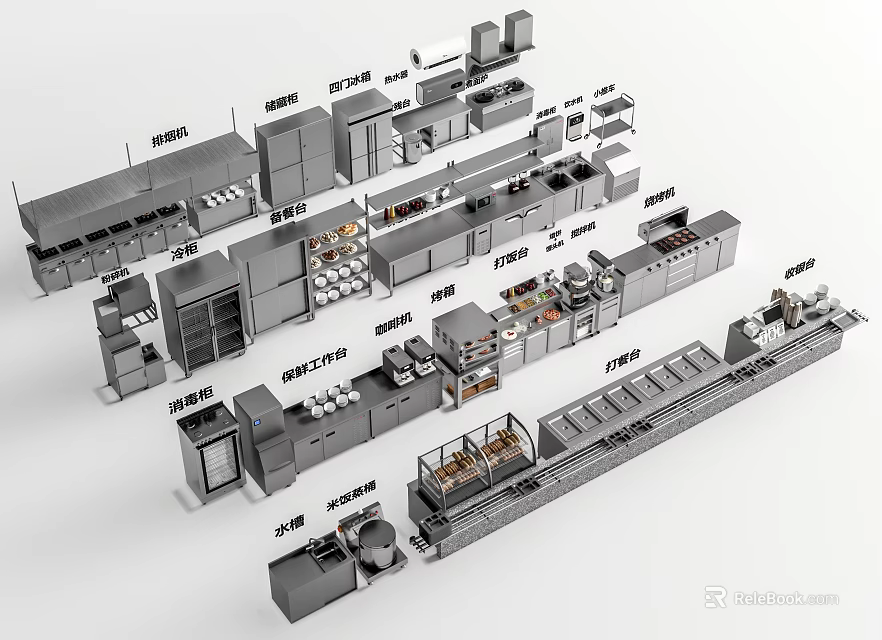 Professional Commercial Kitchen Appliances Layout With Various Stainless Steel Equipment And Storage 3d model 