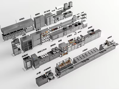 Professional Commercial Kitchen Appliances Layout With Various Stainless Steel Equipment And Storage 3d model