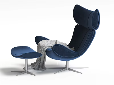 Navy Blue Recliner Chair With Matching Ottoman Light Blanket And Modern Metal Base 3d model