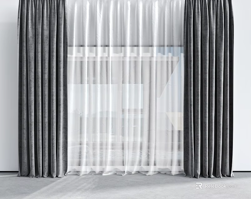 Modern Layered Curtains With Dark Gray And White Sheer For Windows 3d model
