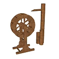 Scenic Traditional Waterfront Landscape With Wooden Waterwheel And Vertical Pipe Structure