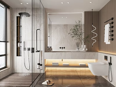 Modern Bathroom Interior With Glass Shower Partition Marble Walls Large Mirror And Wall Mounted Toilet 3d model