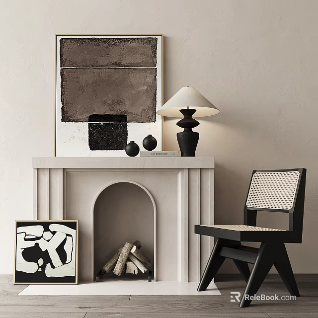Modern White Fireplace With Artwork Wood Logs Black Lamp And Woven Chair 3d model 