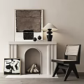 Modern White Fireplace With Artwork Wood Logs Black Lamp And Woven Chair