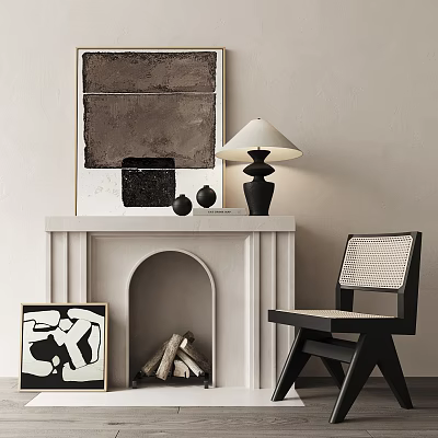 Modern White Fireplace With Artwork Wood Logs Black Lamp And Woven Chair 3d model