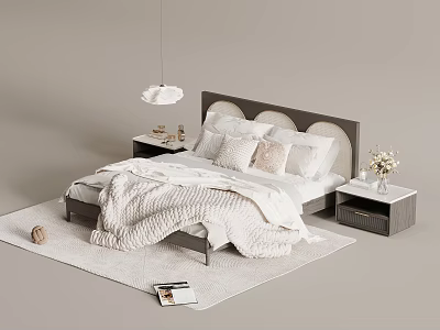 Modern Double Bed with Upholstered Headboard and White Bedding Nightstands Rug and Pendant Light 3d model