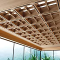 Modern Wooden Ceiling Design With Grid Pattern And Recessed Lighting Near Large Windows 3d model