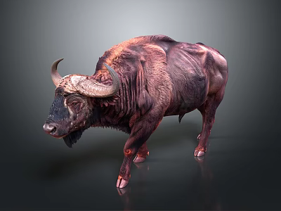 Large Brown Buffalo With Shaggy Fur And Curved Horns Standing On Dark Surface 3d model