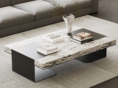 Modern Coffee Table with Marble Top Black Frame in Living Room with Books and Vase 3d model