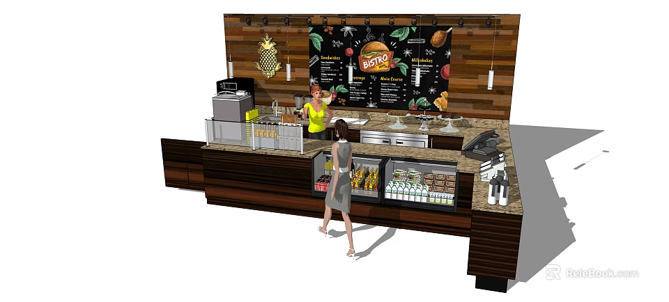Modern Restaurant Bar Counter With Burgers Fruit Menu Board Staff Serving Customer And Refrigerated 3d model 